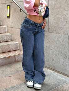 Mobula Sound 性感音乐节休闲时尚直筒牛仔裤，优雅女士学生春夏款 - 深藍色 - 查看 8