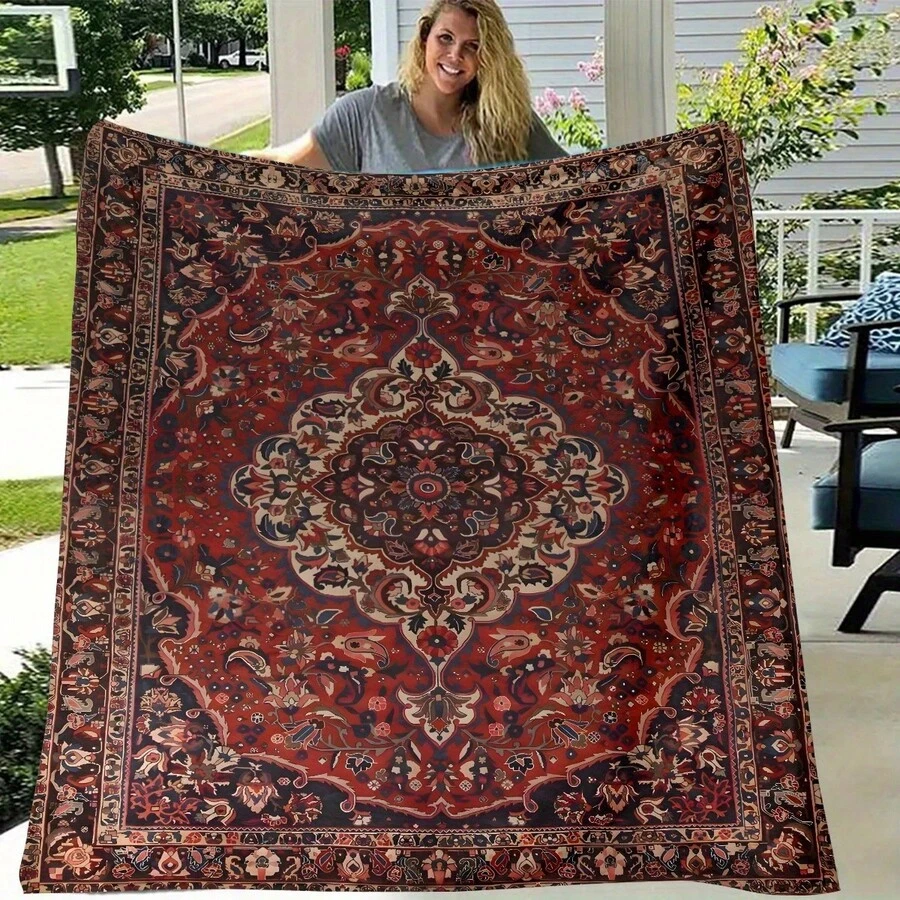 1pc Bohemian-Inspired Flannel Blanket - Vibrant Red & Golden Floral Pattern, Soft Polyester, Perfect For Indoor/Outdoor Use, Camping, Sofa, Bed, Office Decor, Seasonal Gift, All-Season Comfort, Camping Accessory |   Bohemian Style |   Durable High Quality Flannel Blanket, Give Your Loved Ones A Thoughtful Warmth - 混合色 - 查看 1