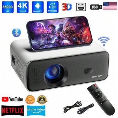 4K Projector Smart  35000LMS 1080P 5G WiFi Bluetooth Video Home Theater