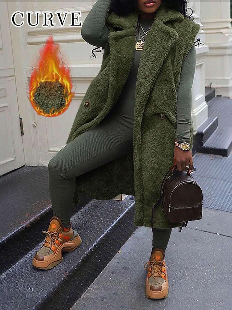 Plus Size Women Casual Military Green Turndown Collar Double Button Pocket Solid Color Fuzzy Cardigan Jacket - Green - View 1