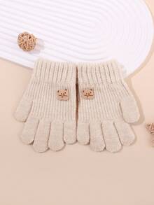 1双儿童可爱卡通熊贴花保暖针织手套，防风保暖，男女童均适用，秋冬季