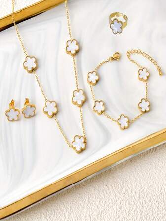 Fashionable Classic Stainless Steel Double-Sided Lucky Clover Flower Jewelry Collection: Including Bracelets, Necklaces, Earrings And, Perfect Gift To Give