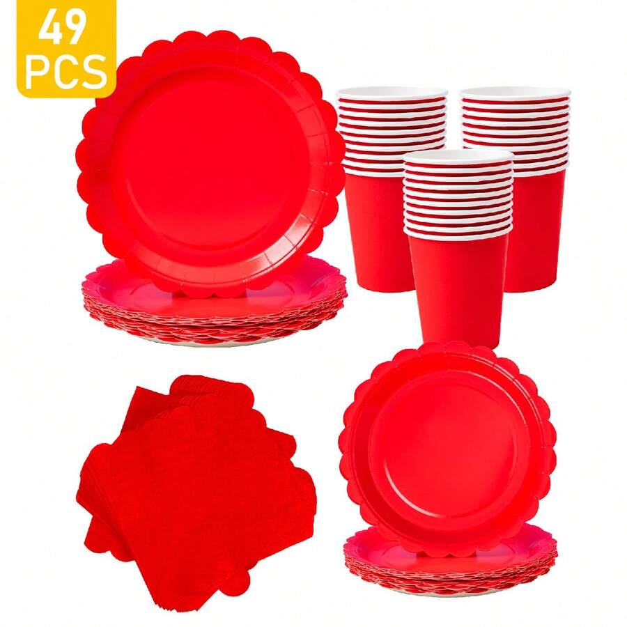 Bộ 8 đĩa, khăn ăn và cốc dùng một lần hình cánh hoa màu đỏ, bao gồm đĩa, khăn ăn và cốc, phù hợp cho 8 khách, đĩa giấy dùng một lần, đồ dùng tiệc tùng cho sinh nhật, đám cưới, tiệc theo chủ đề, dã ngoại gia đình - Nhiều màu - Xem 1