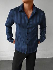Men's Striped Print Button-Front Casual Long Sleeve Shirt - Navy Blue - View 8