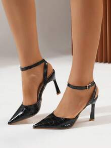 女士时尚欧美风黑色石纹复古高跟鞋，优雅尖头搭扣细高跟鞋 - 黑色 - 查看 5