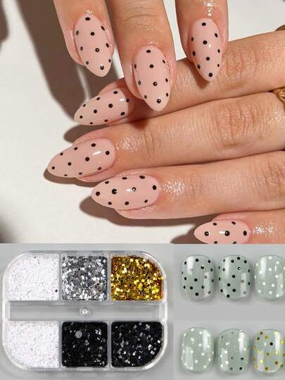 6 Grids Mini Black Dot Cute Nail Art Sequins Golden Slivery Kit Polka Dots Nail Glitter Nail Charm Y2K Holographic Decoration Nails Nail Charms