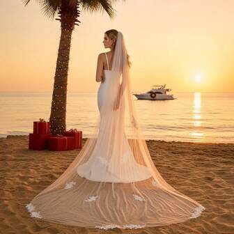 1件蕾丝贴花新娘头纱，长款教堂式拖尾，欧美风格，婚礼仪式配饰，结婚礼物