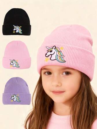 1pc Kids Unicorn Embroidered Knit Beanie Hat, Versatile Warm Pullover Cap For Outdoor & Daily Wear, Autumn/Winter