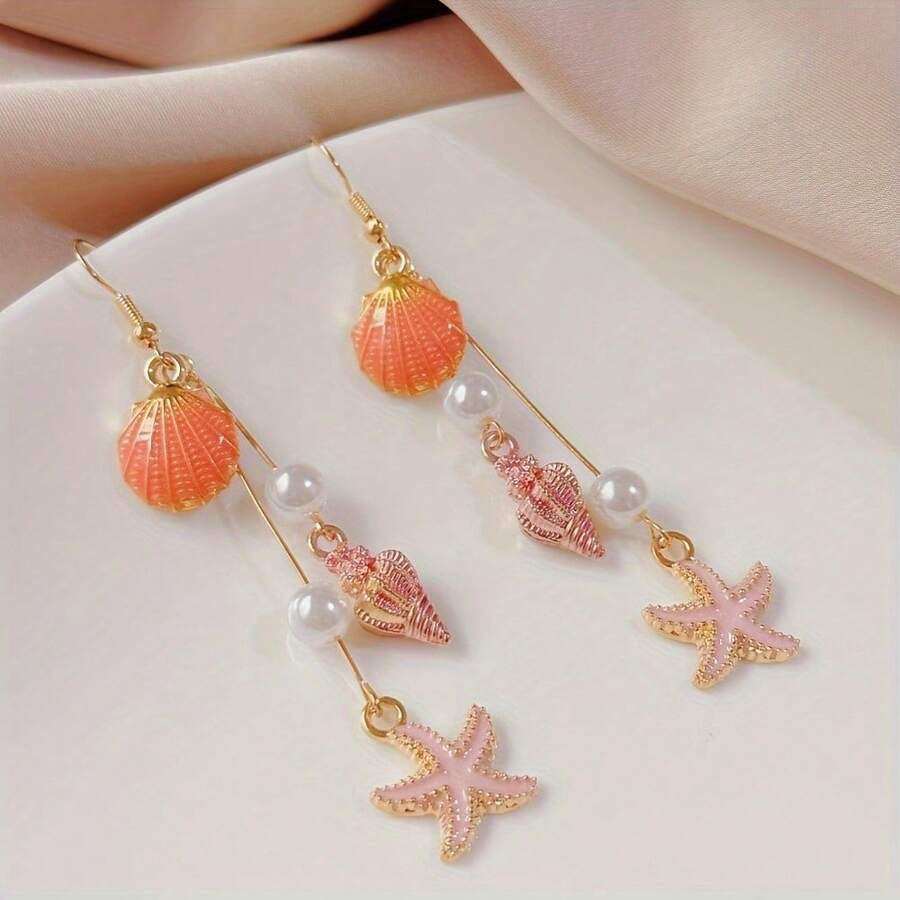 1 Pair Of Fashionable Summer Ocean Style Pink Conch Shell Pearl Earrings, Suitable For Women's Beach Vacation Decoration And Party Participation 19DL - Hồng - Xem 1