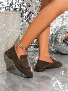 女士棕色乐福鞋，时尚方头流苏低跟鞋，休闲舒适通勤百搭高跟鞋 - 棕色 - 查看 3