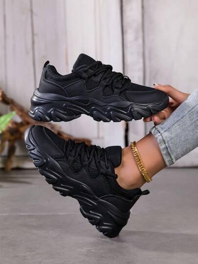 Women's Fashionable Mesh Breathable Solid Color Plus Size Comfortable Fit Sneakers, Thick Sole Platform Shoes