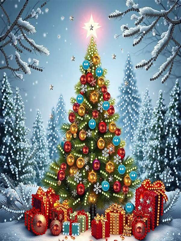 1 Set 5D Crystal Diamond Painting Kit - Christmas Tree Scene, With Asymmetrical Shaped Diamonds, Frameless DIY Mosaic Art, Suitable For Holiday Home Decor, Acrylic Canvas, Christmas Ornament