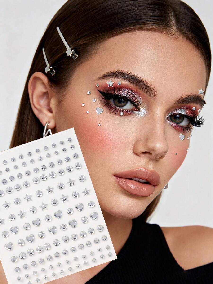3D Multi Particle Facial Decoration Rhinestone, AB Color Pentagram, Heart Shaped Diamond, Eye Decoration Sparkling Diamond, Y2k Festival Party Daily Dress Up DIY Facial Decoration Music Festival Makeup Ball Suitable For Hair, Eyes, Face, Body Decoration Diamond 1 Pack - White - View 1