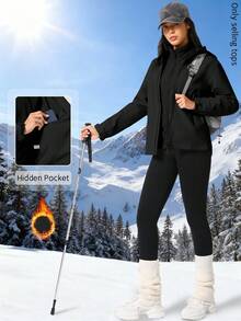 NcmRyu 1pc Women's Solid Color Hidden Pocket Windbreaker Long Sleeve Ski Jacket With Hood - Black - View 1