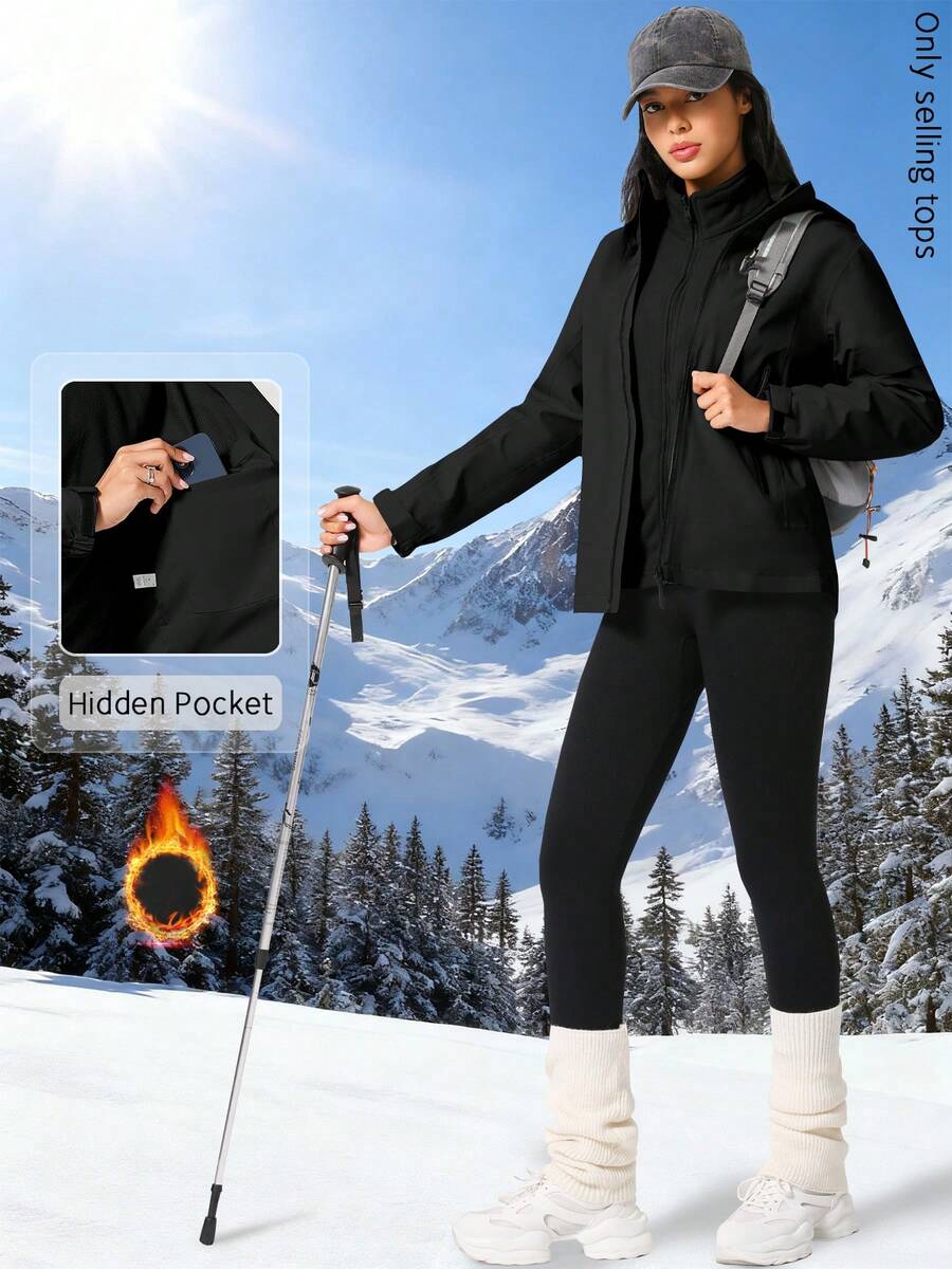 NcmRyu 1pc Women's Solid Color Hidden Pocket Windbreaker Long Sleeve Ski Jacket With Hood - Black - View 1