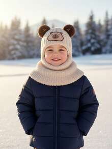 1pc Toddler Boys' Bear Ear Hooded Hat, Thermal Lined, Baby Hat With Scarf, Balaclava, Knitted Beanie, Warm Cap - 1PC Kapibala Series - View 8