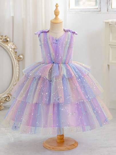 Rainbow Lavender Sequin Tulle Cake Dress, Butterfly Decor V-Neck Flower Girl Princess Gown For Young Girl Wedding, Birthday Party, Festival, Formal Occasion