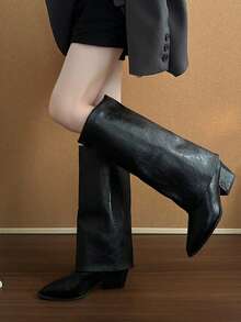 秋冬新款时尚百搭尖头骑马靴，高筒粗跟直筒靴，高跟靴，时尚靴，过膝靴，显瘦长靴，及膝高筒靴，适合音乐节、万圣节等场合 - 黑色 - 查看 3