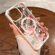 Funda magnética transparente con diseño de copo de nieve y orificio grande para carga inalámbrica. Compatible con phone 17, 16, 15, 14, 13, 12 Pro, 17, 16, 15, 14 Plus, X/XS y S22, S23, S24, S25 Ultra/Plus/FE/+. Acabado mate anticaídas. - Blanco - Ver 4