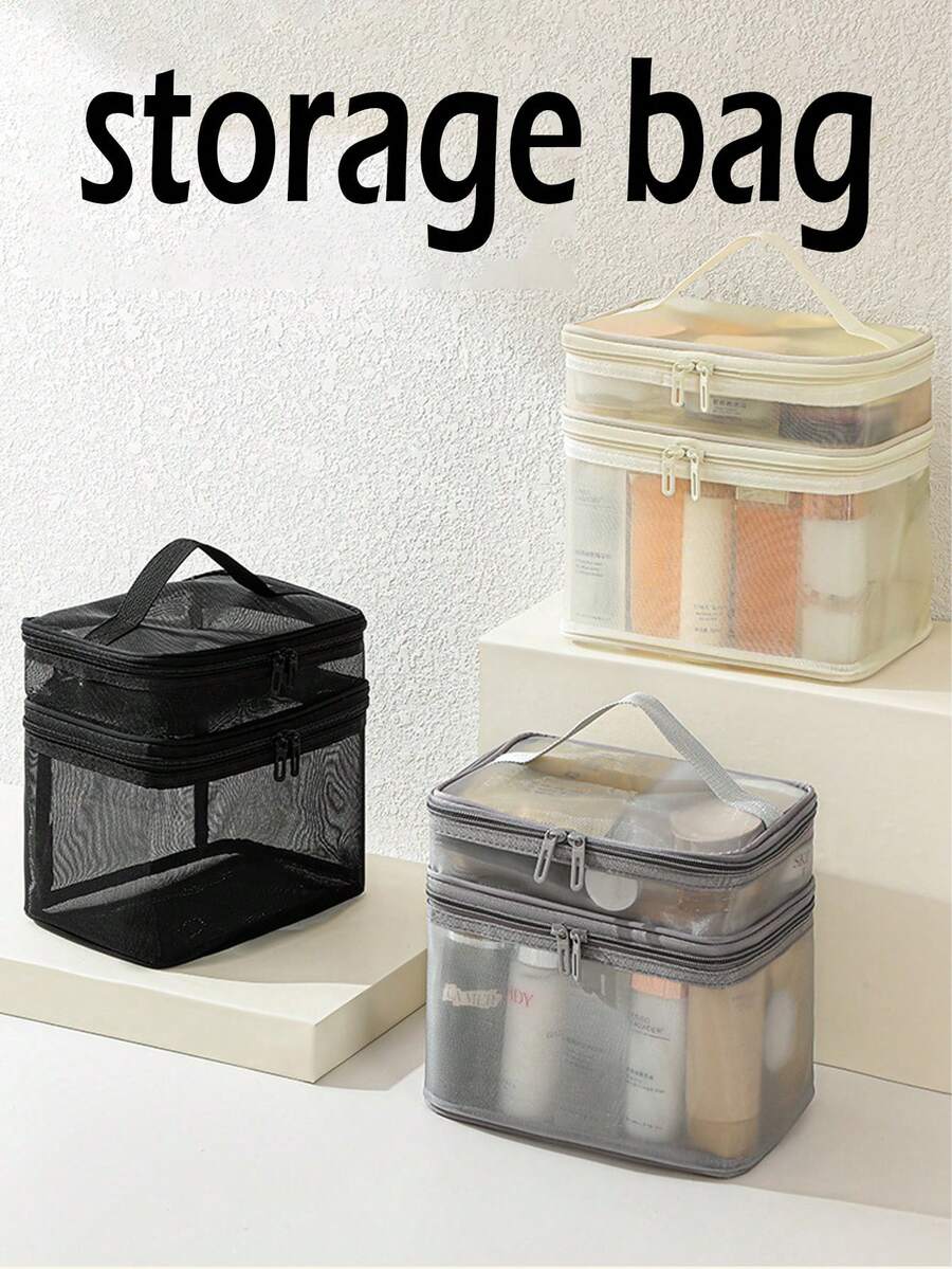 1pc Nylon Single/Double Layer Mesh Bag Travel Portable Toiletry Bag Large Capacity Makeup Organizer - Multicolor - View 1