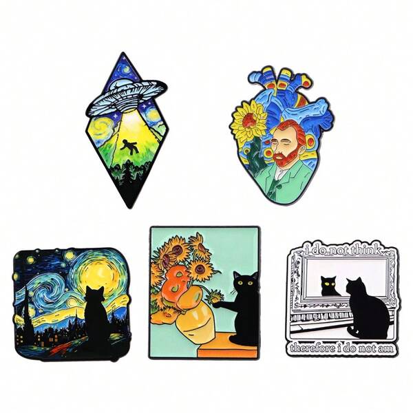 Klassischer Van Gogh Malstil Soft Emaille Pin Herren Broschen für Kleidung, Damen Anstecknadeln für Rucksack, schwarze Katze Abzeichen Pins Accessoires Schmuck Geschenke