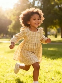 Girls' Clothing Autumn And Winter New Item, Woolen Contrasting Color Plaid Ruffle Edge Decorative Buckle A-Line Ladylike Style Dress - Màu be - Xem 7