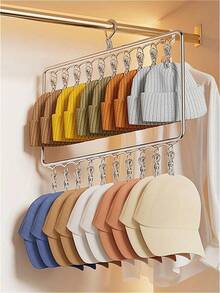 1个重型不锈钢双层帽子挂架，带20个夹子 - 重型门后/天花板安装式衣柜收纳架，节省空间的垂直设计，可收纳帽子、袜子、内衣、待洗衣物和衣物 - 非常适合家庭、宿舍、浴室、衣柜收纳 - 包含安装配件，安装简便，帽子专用挂架 - 彩色 - 查看 4