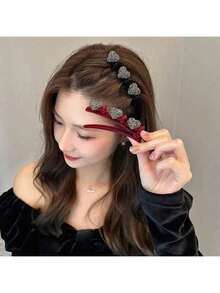 2个装时尚奢华水钻侧夹，多层镂空纹理公主鳄鱼夹发夹，女士发饰 - 紅色 - 查看 5