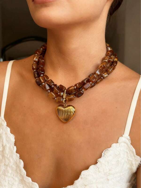 1pc Vintage Inspired Multi-Layer Chain Necklace With Gold-Tone Heart Pendant, Stainless Steel, Versatile Accessory For Women, Autumn/Winter