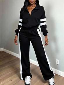 Plus Size Women Casual Sports Street Style Stand Collar Zip-Up Long Sleeve Sweatshirt And Wide Leg Pants 2 Pieces Set, New Arrival In White And Black Color Block Sporty Outfit, Casual Beach Sports Sweatshirt Hoodie For Outdoor, Office, Home, Airport, Spring Autumn, Graduation, Back To School, Teacher Outfit, Loose Fit Long Sleeve Top And Wide Leg Pants