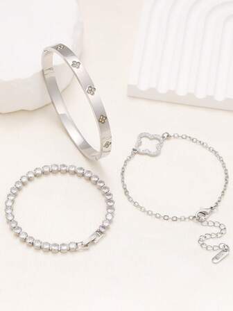 3pcs Stainless Steel Lucky Four-Leaf Clover Bracelets, Suitable For 3pcs Fashionable Stainless Steel Flower Bracelets, Cubic Zirconia Inlaid, Waterproof, European Style Women's Wrist Jewelry, Casual, Wedding, Party, Valentine's Day Gift, Mother, Mother's Day, Women's Summer Gift