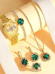 6件套女士石英表套装，时尚奢华合金材质，镶嵌水钻，绿色宝石饰品，适合日常搭配、生日、女士礼物、周年纪念、年末促销、双十一、万圣节、圣诞节促销等场合，不含礼盒 - 金色 - 查看 2