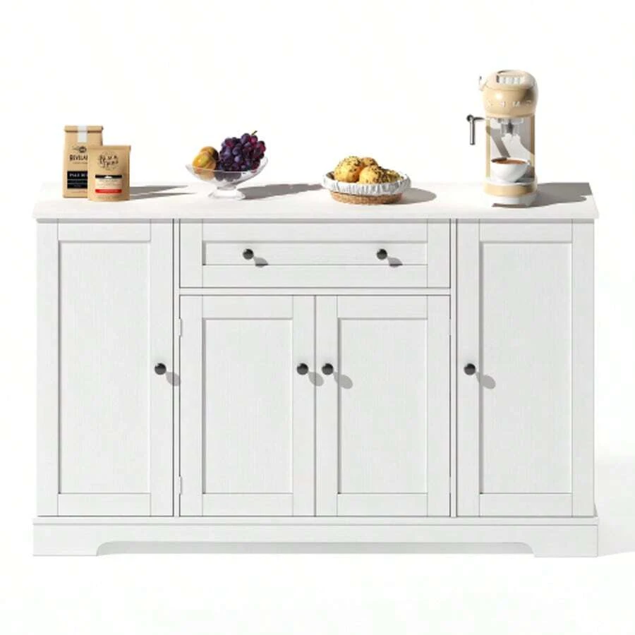 Multifunctional Kitchen Buffet – 138 Cm Sideboard With Drawer, Shelves & Adjustable Shelves – Modern Design With Anti-Tip Device, Ideal For Kitchen, Living Room & Bedroom - 白色 - 查看 1