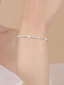 1pc S925 Sterling Silver Shiny Moissanite Tennis Bracelet, Sparkling Cubic Zirconia Studded, Unisex Couples Design, Elegant & Versatile, Suitable For Women's Daily Wear, Outings, Travel, Parties, Gifts, Comes With Delicate Gift Box - Silver - View 3