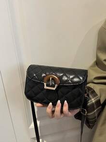 1pc Black PU Elegant Minimalist Diamond Quilted Sophisticated Hardware Flap Crossbody Saddle Bag, Suitable For Women's Work, Daily Life, Commuting, Social Gatherings, Business, Shopping, Fits Phone, Wallet, Lipstick, Keys, Tissue, Pouch, Fashionable Accessory - Black - View 4