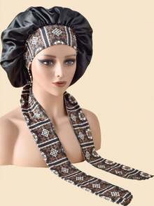 1件装时尚长款印花大缎面睡帽，带蝴蝶结，优雅女士头巾帽