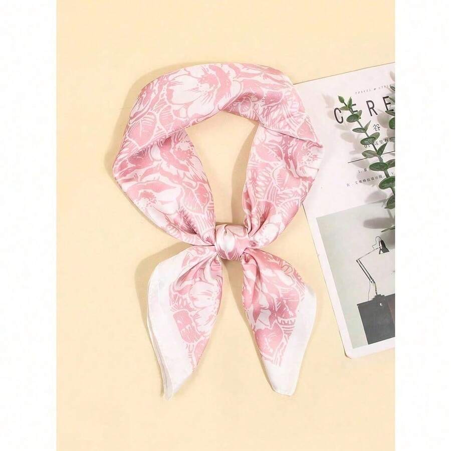 1pc Women's Printed Scarf Work Necktie Fashion Hairband 70 Square Satin Silk Headscarf Suitable For Business, Casual And Street Fashion Bandana,Hair Band,Head Band Ideal For Dressing Up Your Look - 新的粉紅色和白色花朵 - 查看 1