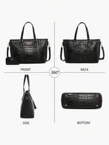 Classic Elegant Women's Bag Set,Fashionable Large Capacityr Bag Single Shoulder Bag,Crocodile Pattern Tote Bag,Light Luxury High-End Real Texture Crocodile Pattern Handbag - 黑色 - 查看 3