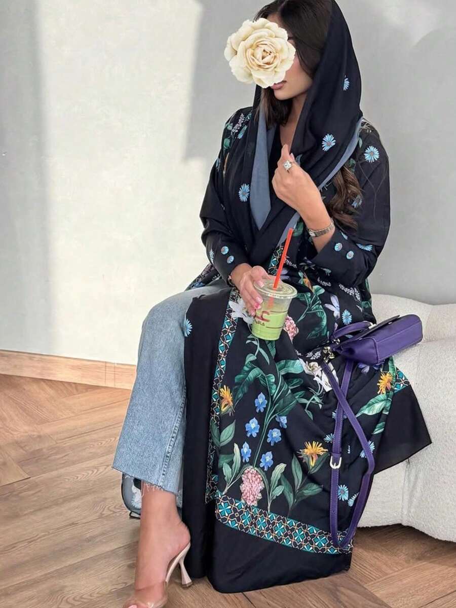 Hafizah 优雅女士长袖印花卡夫坦长袍,梭织面料,完美长款设计,尽显时尚风范 - 黑色 - 查看 1