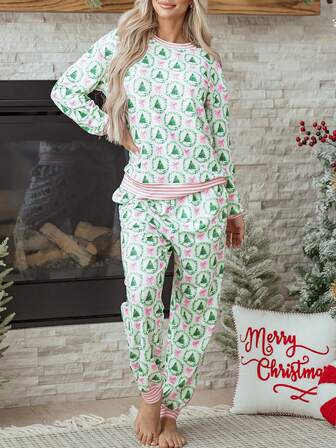 Conjunto de 2 piezas de ropa de estar con estampado de árbol de Navidad con lazo verde y bandas a contraste