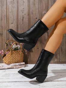 女士秋冬新款复古百搭黑色尖头粗跟踝靴，时尚纯色通勤靴 - 黑色 - 查看 7