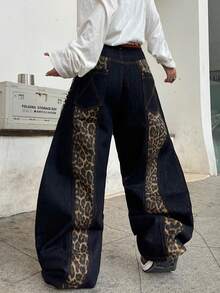 1 قطعة بنطال جينز رجالي واسع الساق بطبعة نمر، بتصميم مرن وفضفاض بأسلوب الشارع العصري، (لا يشمل الحزام والاكسسوارات)