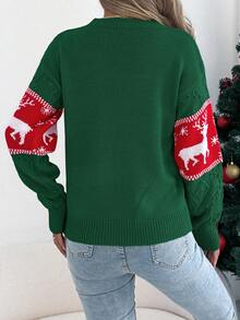 Women's Christmas Deer & Snowflake Striped Contrast Color Crew Neck Long Sleeve Sweater, Autumn/Winter - Green - View 2