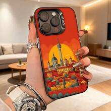 Cubierta de teléfono con diseño de ciudad al atardecer color rojo con torre y edificios históricos para uso diario en interiores Aplicable a teléfonos Apple y Galaxy. - Negro - Ver 4