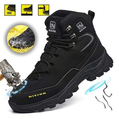 Botas de trabajo para hombres, botas de trabajo de altura superior, botas al aire libre, botas industriales, a prueba de golpes y punción, Cabeza de acero a prueba de agua PU superior, superior fácil de limpiar, dientes profundos suela de goma antideslizante, resistente al desgaste y al desgaste, alto protector de tobillo superior, diseño de agujeros respirables,