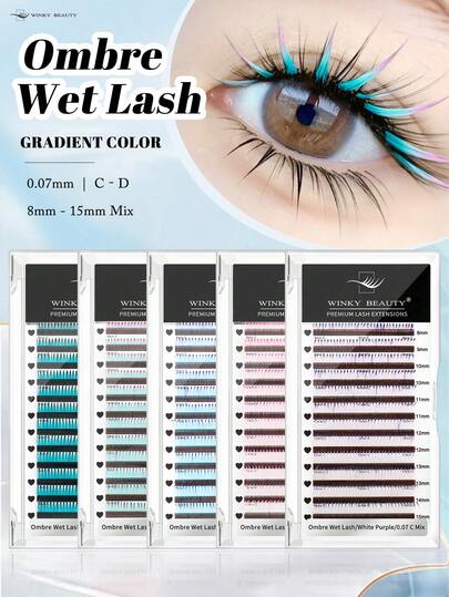 Winky Beauty 12 Reihen neu gestaltete Farbverlauf-farbige Nass-Wimpernverlängerung 0,07 mm, 12 gemischte Farben, natürlich für Cosplay, fertig zusammengestellte Nass-Wimpern C/D 8-15 mm, einzelne natürliche vorbereitete Fächer, Cosplay Manga Falsche Wimpern