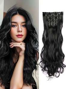 Klipp i naturliga hårförlängningar långa vågiga 6 st tjocka löshår mörk askblond blandad blekblond dubbel väft syntetiskt 22 tum för kvinnor - Multifärgad - Visa 2