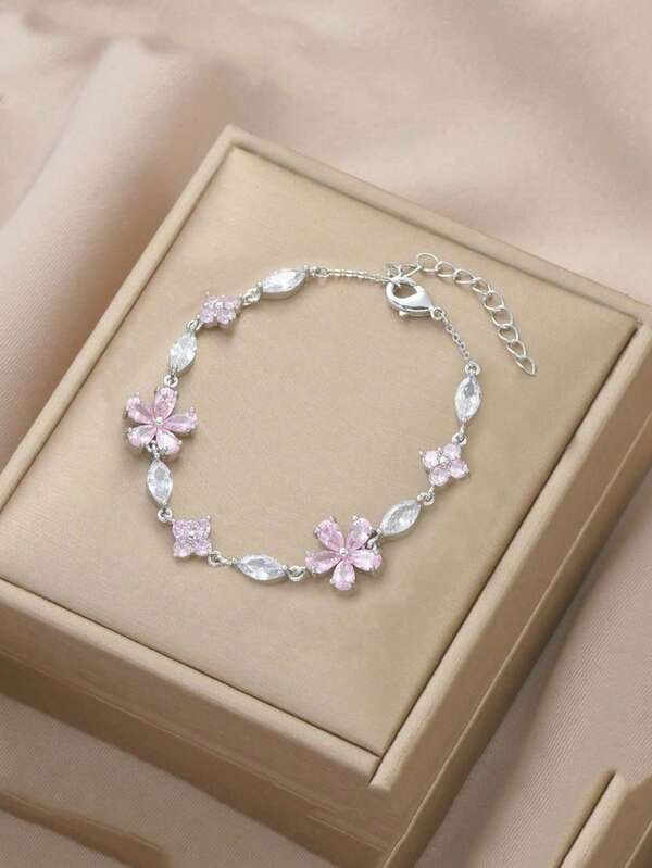 1pc Cherry Blossom Pink Crystal Bracelet, Suitable For Daily Wear