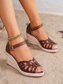 Sandalias de plataforma y cuña de estilo casual y cómodo de vacaciones, con trenzado de cuerda de paja, para mujer en color marrón - Marrón - Ver 10