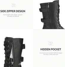 Women's Mid Calf Built-In Wallet Pocket Lace Up Combat Boots, Fashionable Combat Boots - Classic Black - View 6